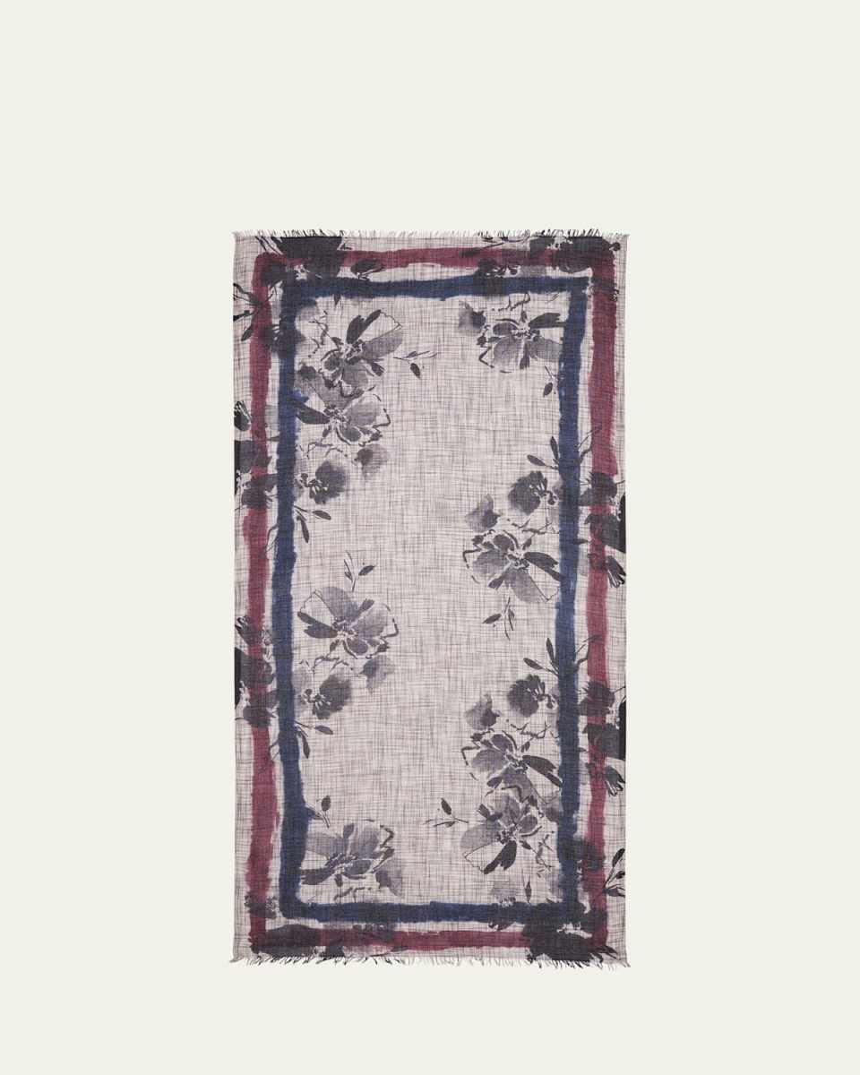 Stefanella Floral Outlined Cashmere Silk Scarf